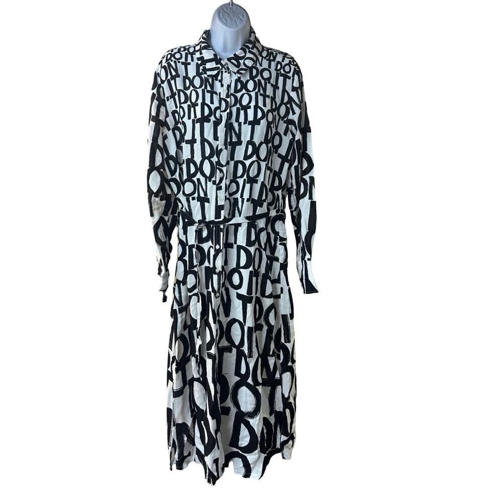 Desigual Letter Print Maxi Shirt Dress Tie Waist Black White Button Front XL